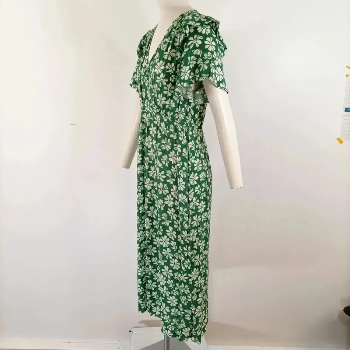 Robe portefeuille verte An'ge imprimé floral manches courtes volants taille M A436 - photo numéro 2