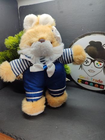 peluche lapin matin beige marron blanc bleu marine noeud rayé bonnet Ancien