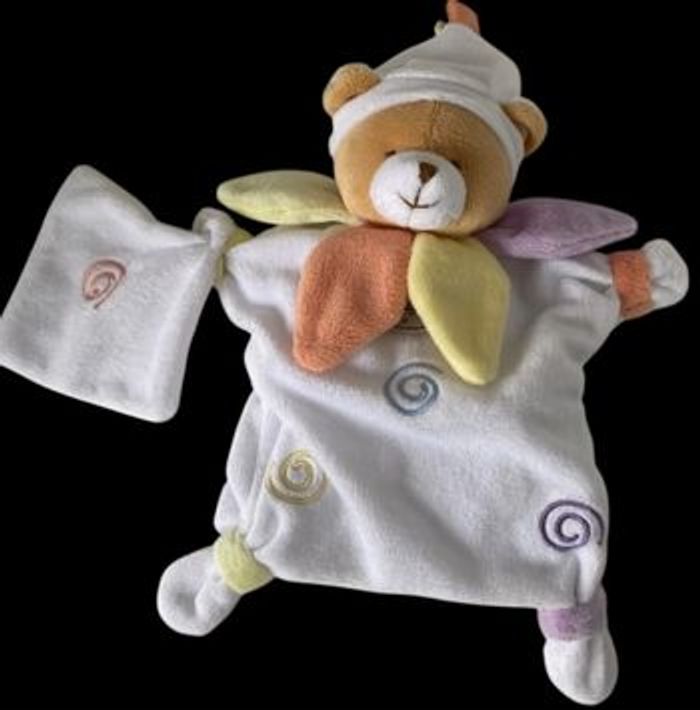 ❤️B5608 DOUDOU ET COMPAGNIE Ours Marionnette Mouchoir Blanc Bleu Spirale Couleur