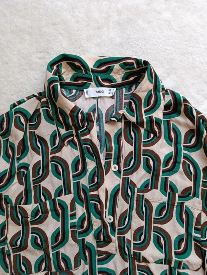 Blouse chemisier Mango XS beige vert motifs 70's vintage manches longues légères - photo numéro 7