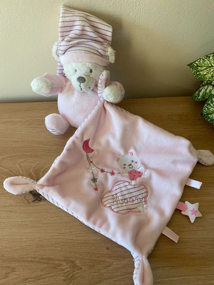 Doudou ours rose mouchoir lune moon rayé Max & sax - photo numéro 2