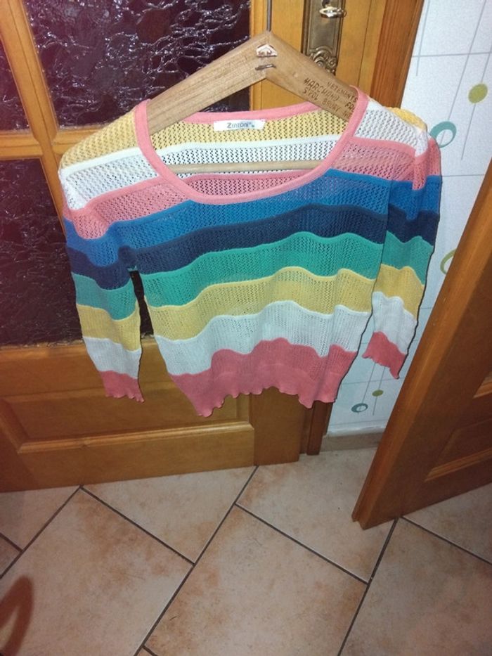 Pull d'été maille aille ajourée à rayures multicolore