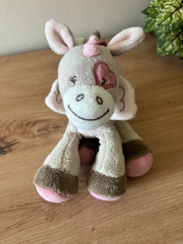 Doudou hochet jade licorne rose beige grelot nattou