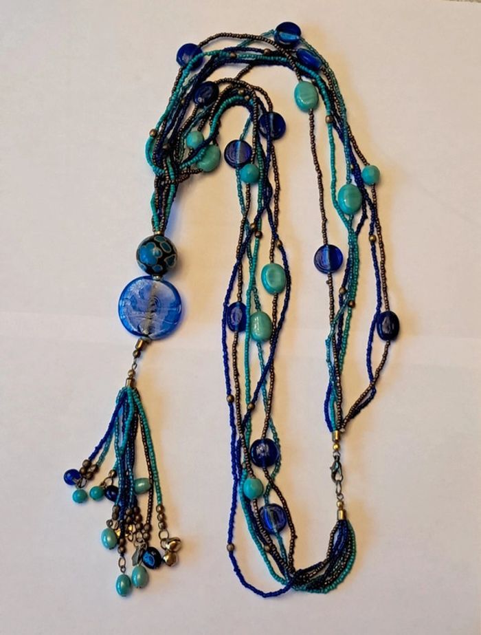 Collier long NEUF avec perles bleues vertes et dorées - photo numéro 2