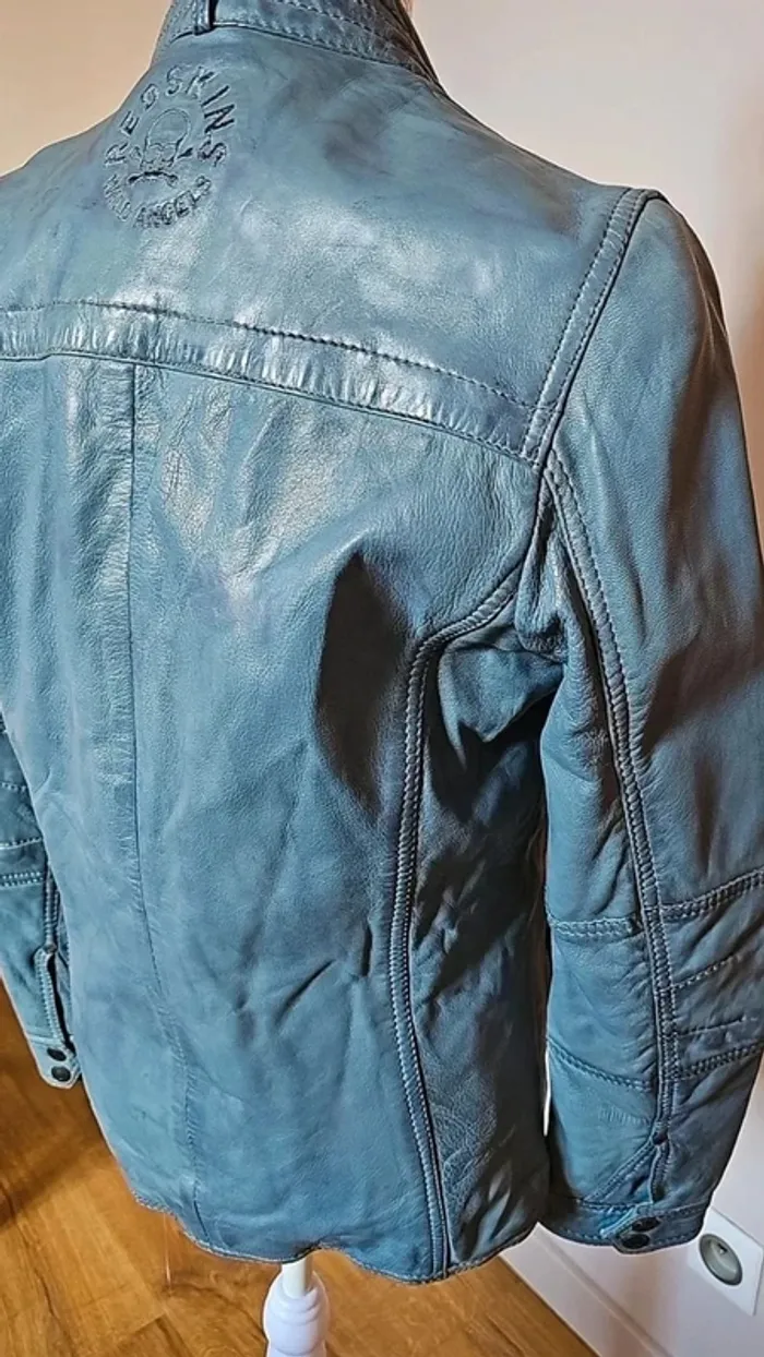 Blouson redskins en cuir gris cintré motard - photo numéro 12