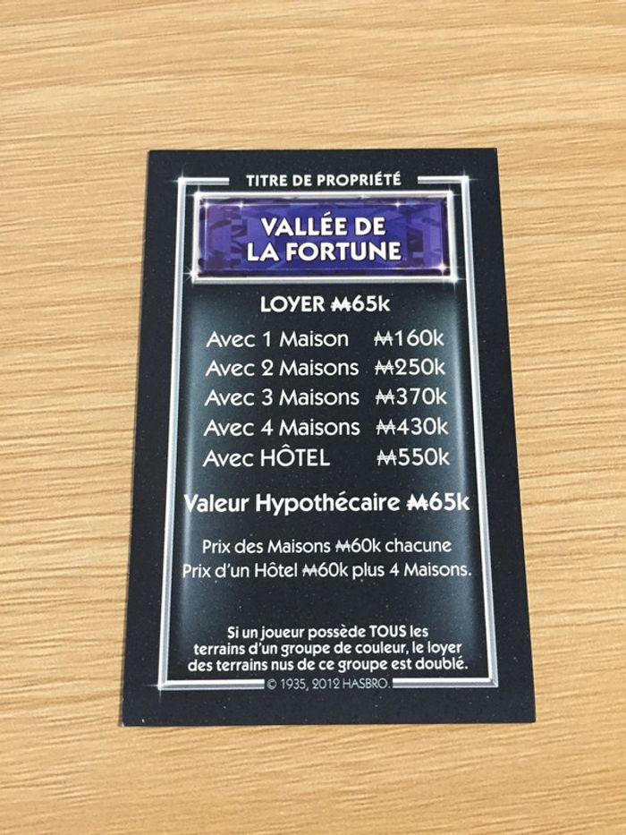 Carte titre de propriété Vallée de la fortune pièce jeu de société Monopoly Millionnaire #A45
