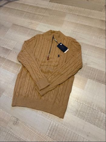 Pull torsadé Polo Ralph Lauren en laine half zip demi zip 1/4 zip camel/marron neuf taille L