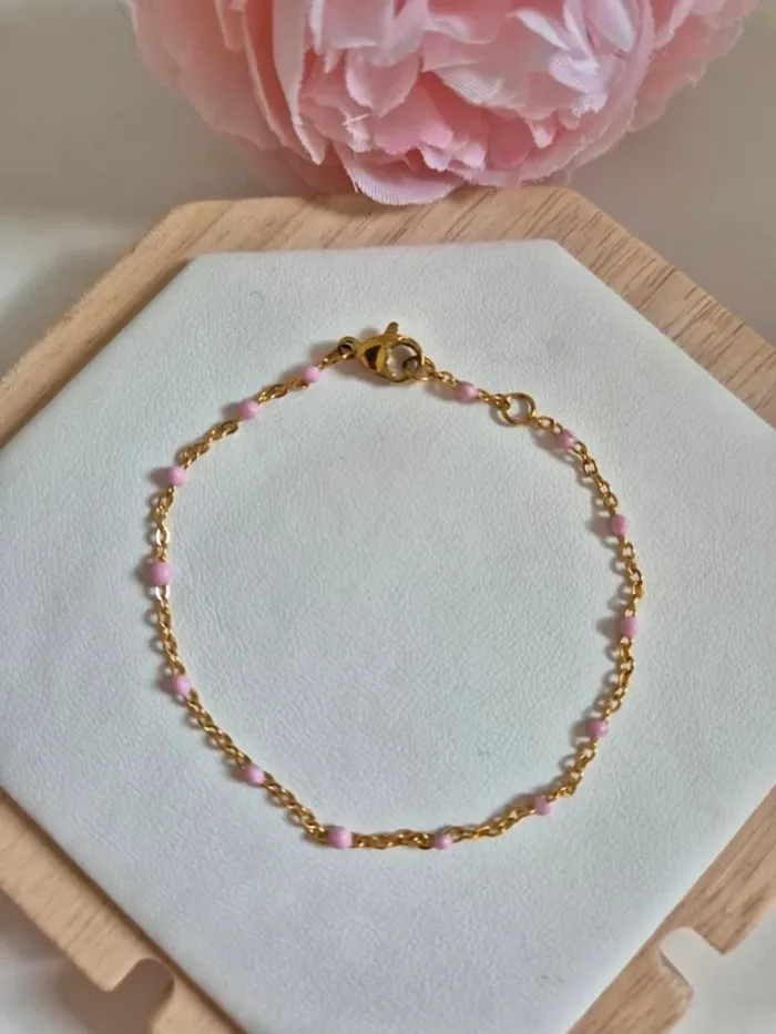 Parure de 2 bijoux : en acier inoxydable collier long et bracelet perles rose clair - photo numéro 6