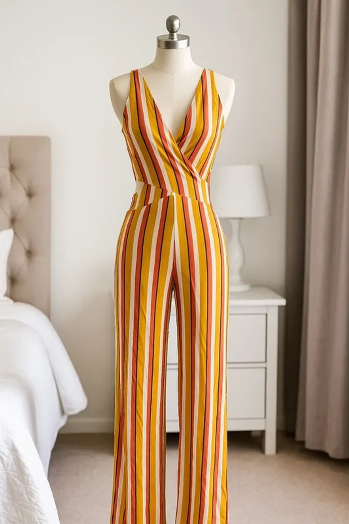 Combinaison Rayée Jaune Moutarde, Orange & Blanche, Découpes Taille - Undiz - Taille S
