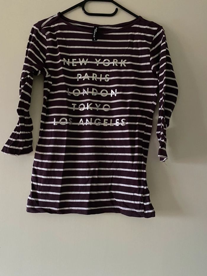 T-shirt rayé manches 3/4 « New York, Paris, London, Tokyo, Los Angeles » Jean Pascale Taille S