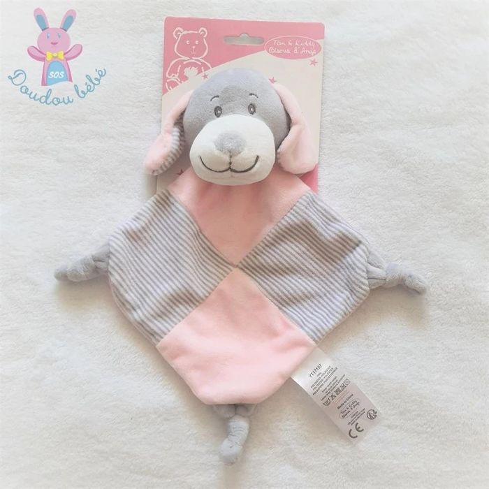 Doudou plat Chien grelot gris rose rayé Tom & Kiddy