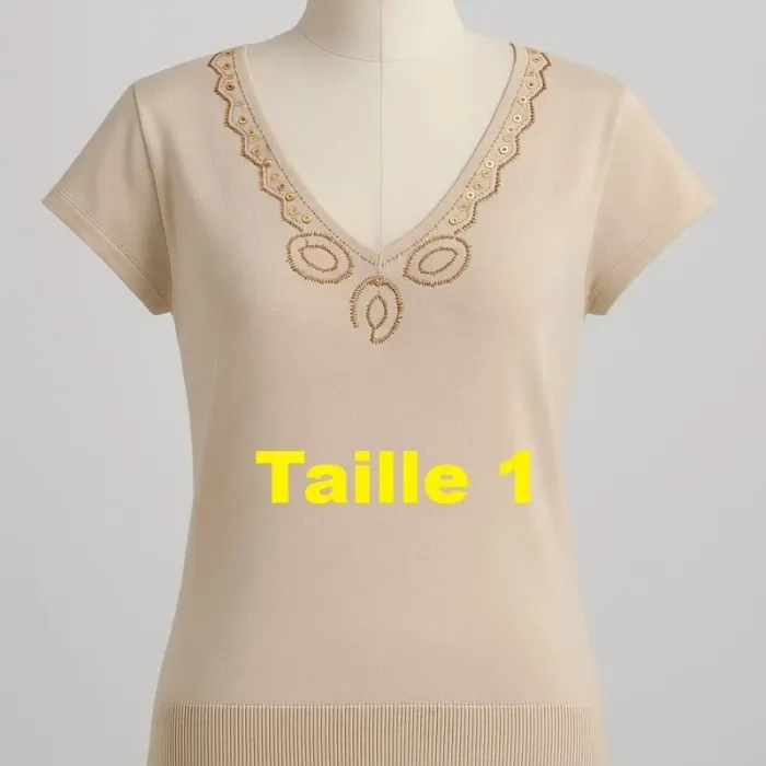 Pull fin manche courte beige motif perle doré Folia Taille 1