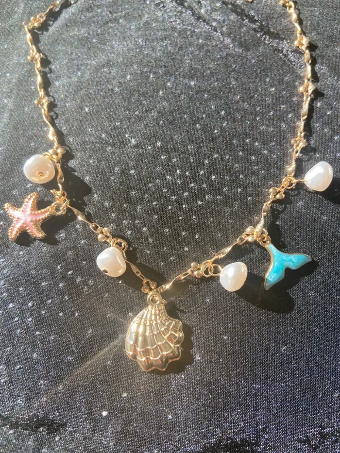 Collier breloques coquillages bleu doré - photo numéro 2