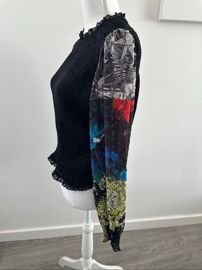 Blouse en crêpe mesh et plumetis noire et multicolore Desigual T40 L - photo numéro 3