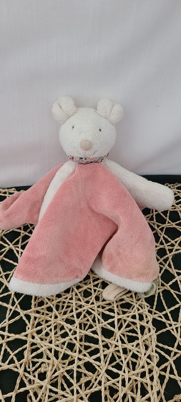 Doudou plat souris MOULIN ROTY Myrtille et Capucine rose blanc rond 27 cm - photo numéro 3