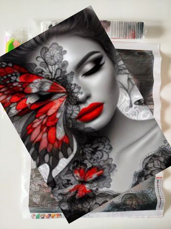 Diamond painting original avec visage femme sur ton gris et papillon rouge #Z083