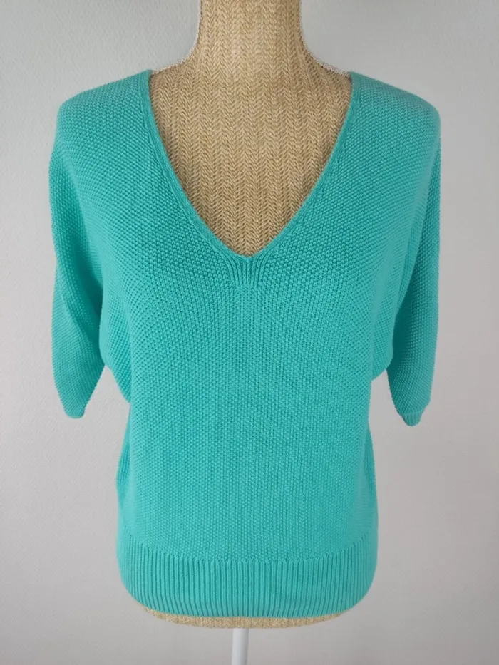 Blouse manches courtes maille tricot turquoise taille S Cache Cache