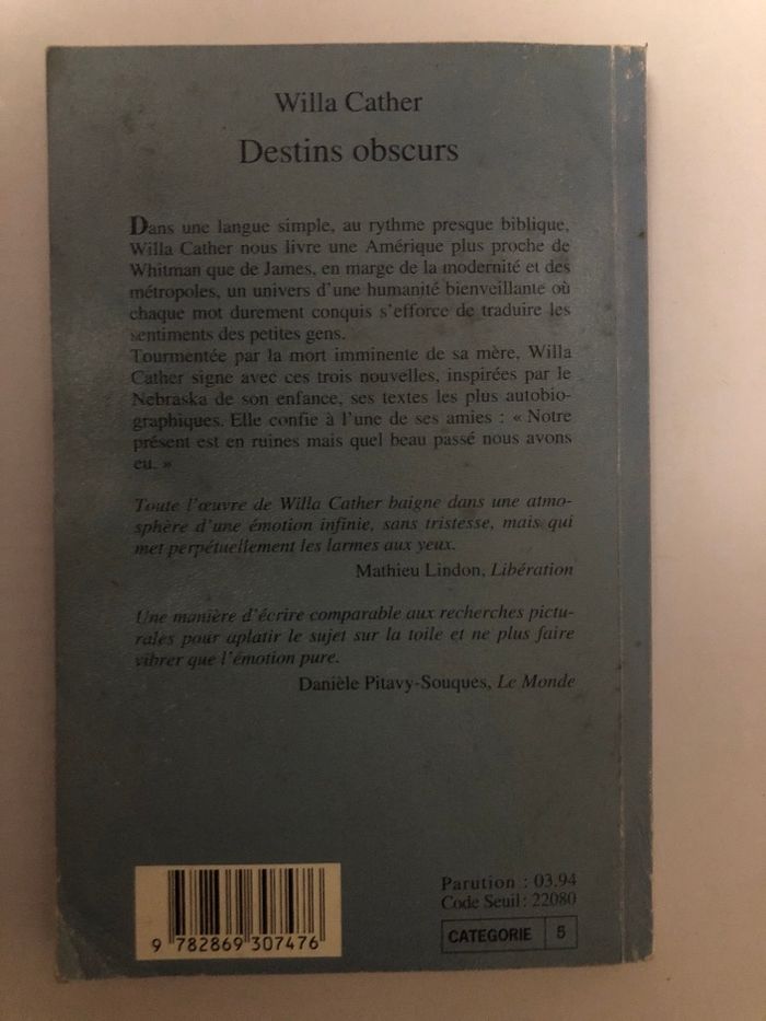 Livre Destins obscurs Willa Cather - photo numéro 2