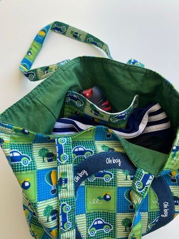 Sac et petite trousse fait main bleu et vert enfant