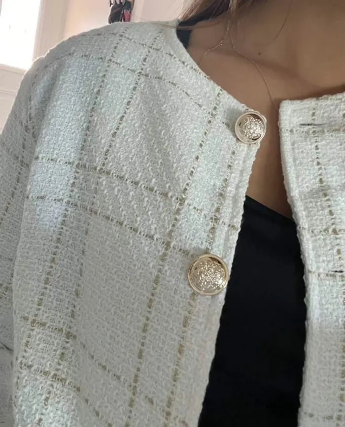 Veste Femme Tweed Carreaux Blanc Doré - Taille S Neuve Chic Printemps - photo numéro 3