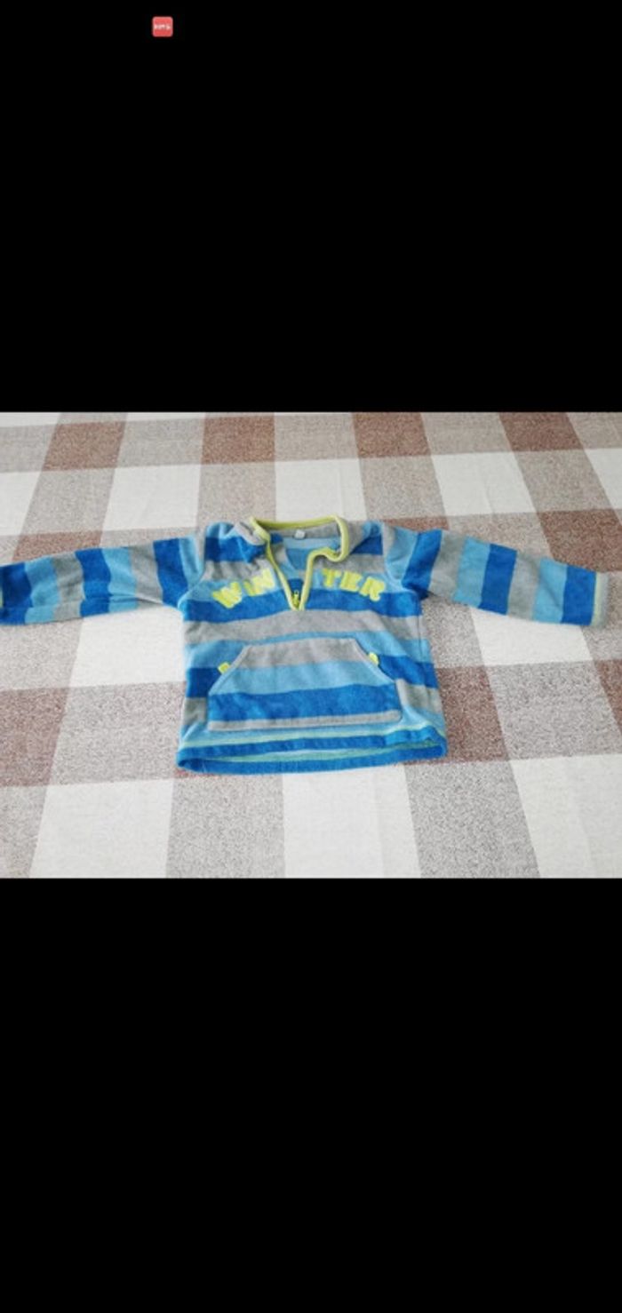 Polaire 24 mois col zippé rayé gris/bleu