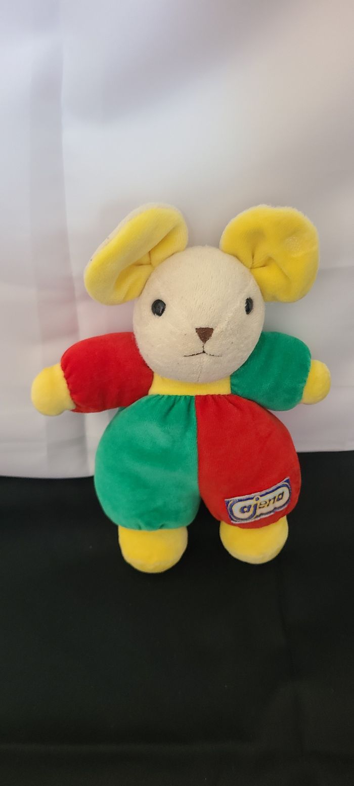Doudou Peluche Souris Rouge Vert Jaune Grelot Ajena Ancien Vintage - photo numéro 3