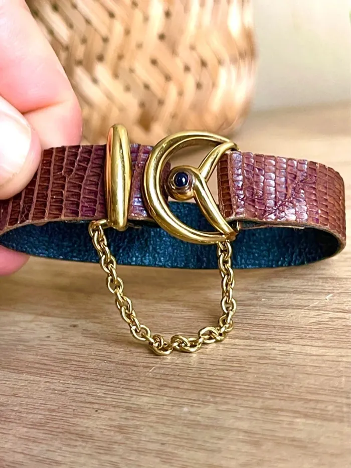 sublime Bracelet cuir lezard marron boucle metal dore avec chaine - photo numéro 4