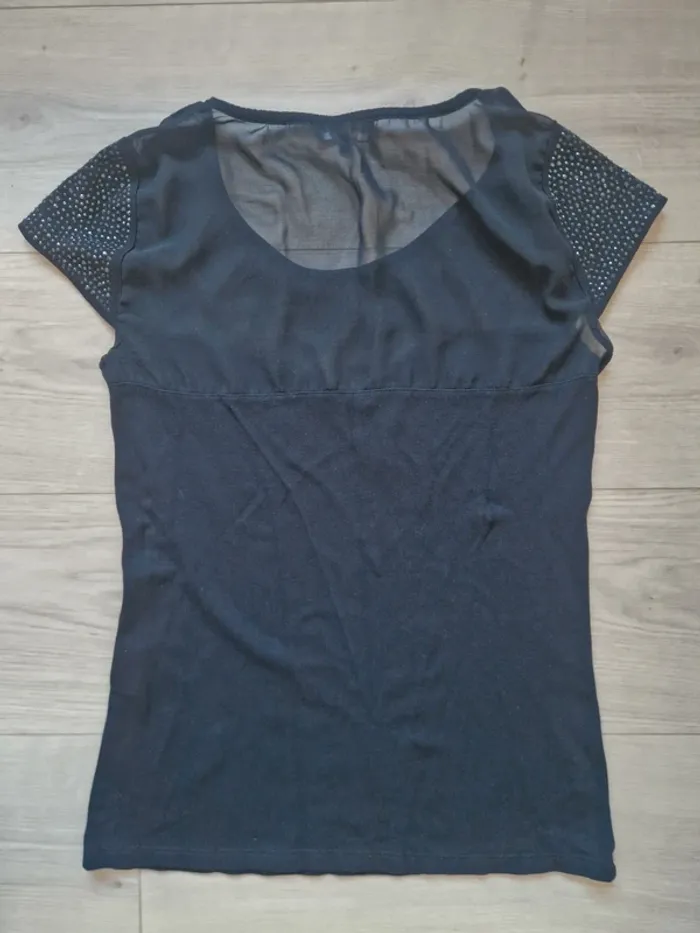 T-shirt noir Morgan avec haut en voile et strass taille S - photo numéro 5