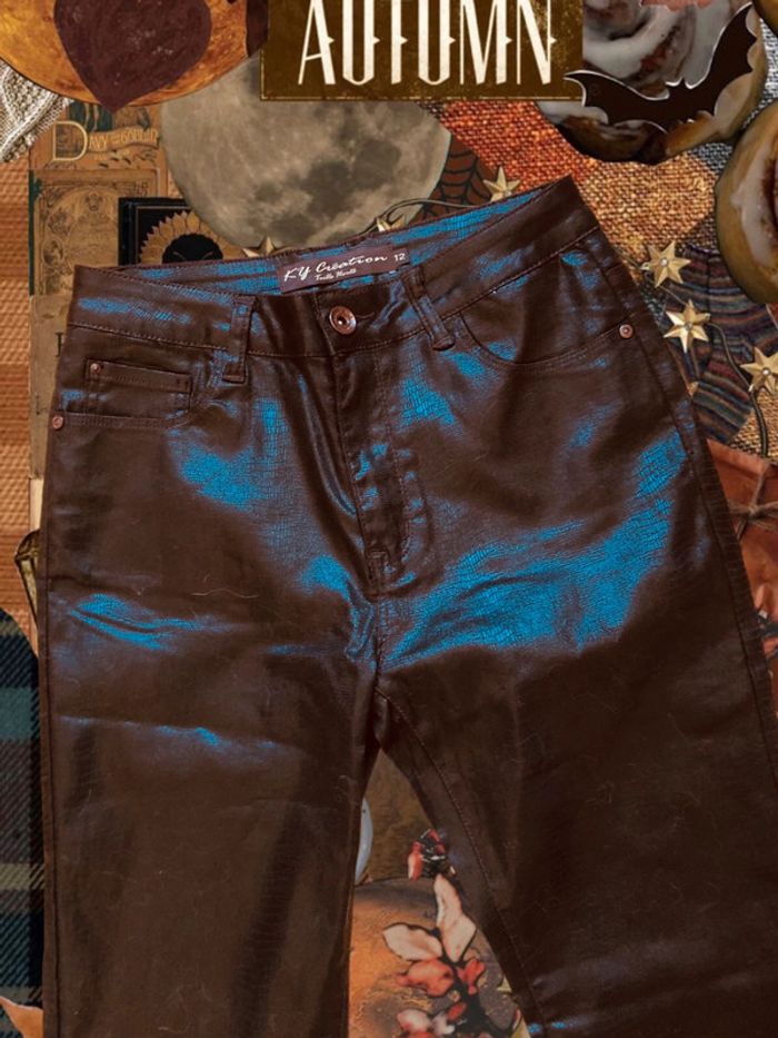 🍁Superbe jean droit enduit marron reflets irisés Brown coated jeans🍁