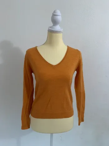 Pull fin col V Camaïeu – Taille XS – Couleur camel