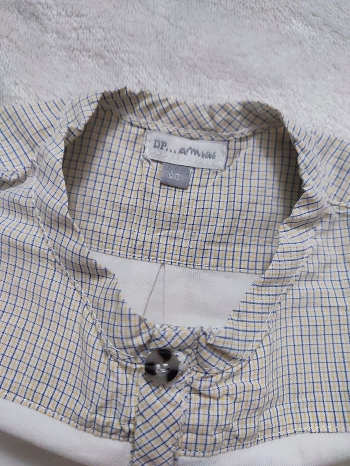 Tee shirt manche longue blanc et a carreaux Dpam taille 3 mois - photo numéro 2