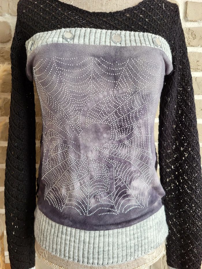 Pull vintage maille crochet et strass - photo numéro 3