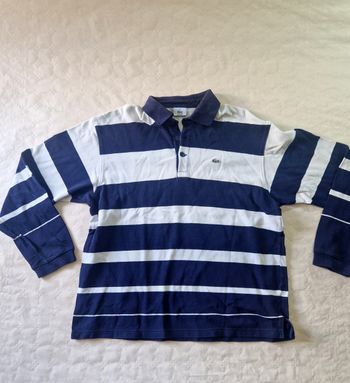 Polo manches longues  , homme , Lacoste , Devanlay  , vintage , a rayures  , rugby style  , bleu , blanc  , taille  XL