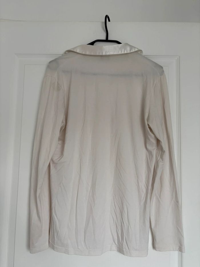 Chemisier col V blanc manches longues détails dorés et satin taille L marque 123 - photo numéro 3