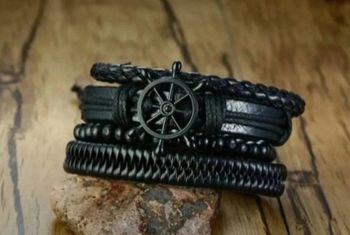 Bracelet noir en cuir gouvernail Homme Femme Neuf
