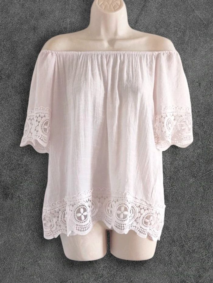 Top épaule dénudé blanc rose pastel dentelle vintage - 36/S à 42/XL - photo numéro 6