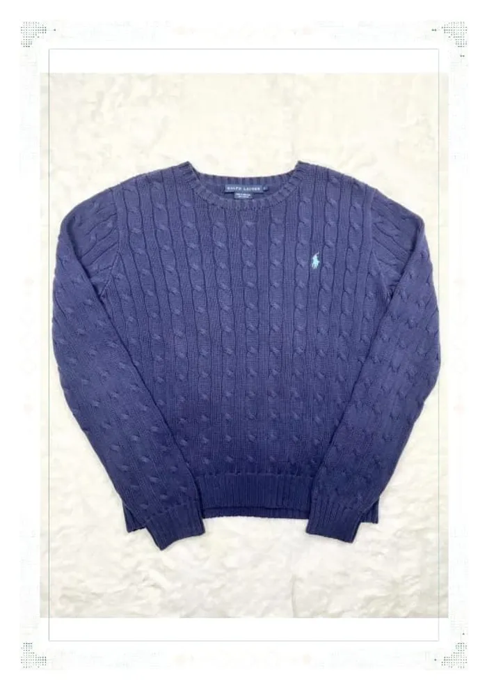 Ralph Lauren pull femme coton torsadé bleu marine col rond taille L - photo numéro 2
