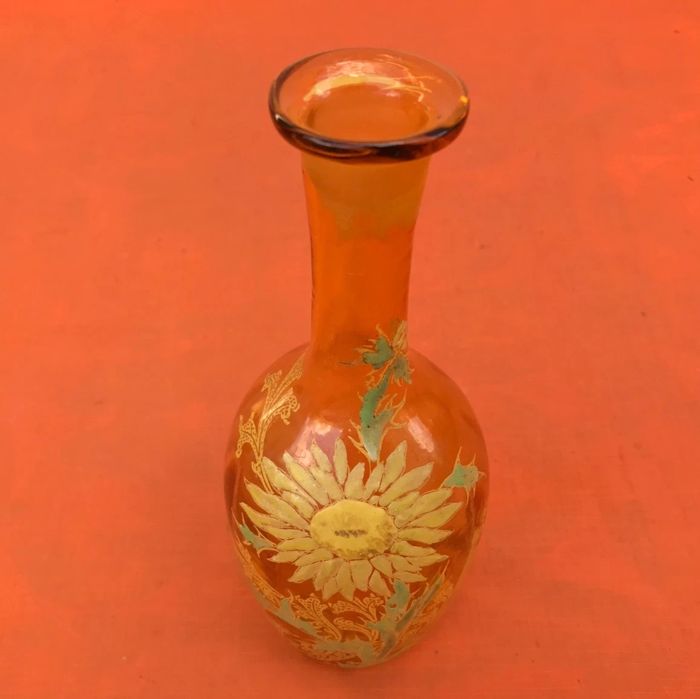 Années 1900'  Carafe à liqueur Verre ambre soufflé et émaillé  Décor tournesol - photo numéro 5