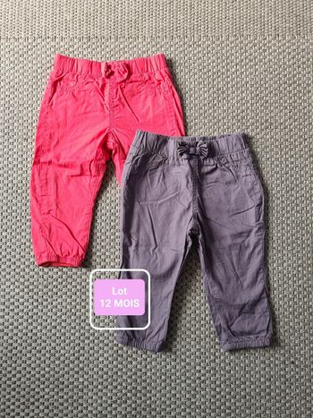 Lot de 2 pantalons doublés rose et gris - 12 mois.