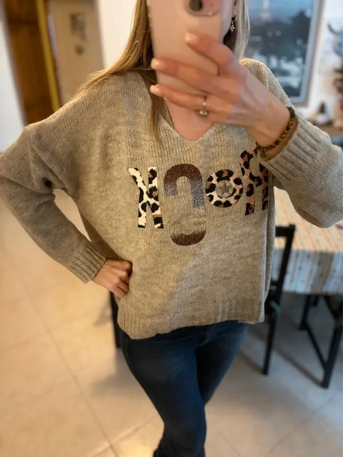 Pull marron-beige avec inscription Rock léopard -Taille unique - photo numéro 5