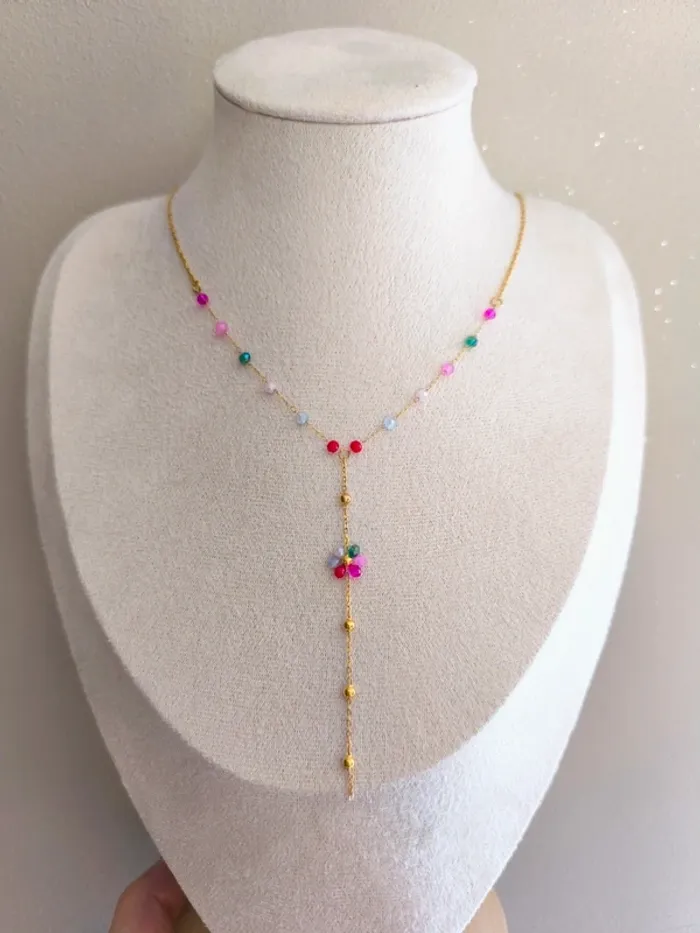 Pendentif doré en Y avec fleur marguerite et perles multicolores - photo numéro 9