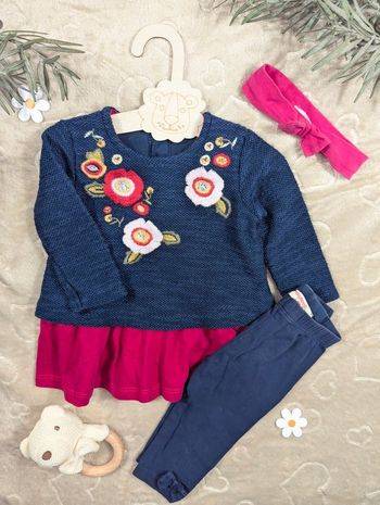 Ensemble bébé fille 6 mois – Robe fleurie + legging + bandeau assorti - Très bon état