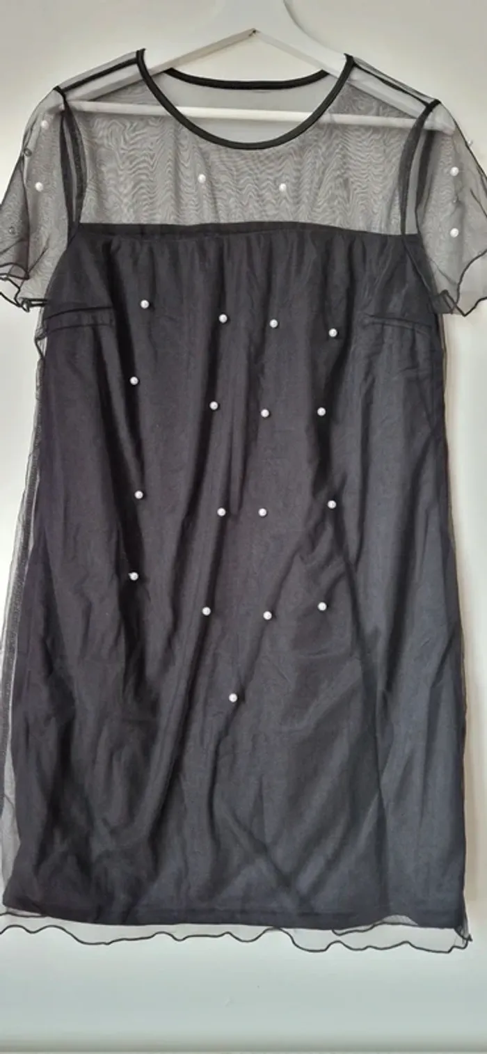 Robe noire voile perles, neuve, XL44 - photo numéro 2