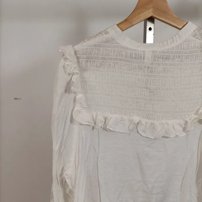 Blouse blanche à volants et smocks col rond – viscose – taille L A1010 - photo numéro 8