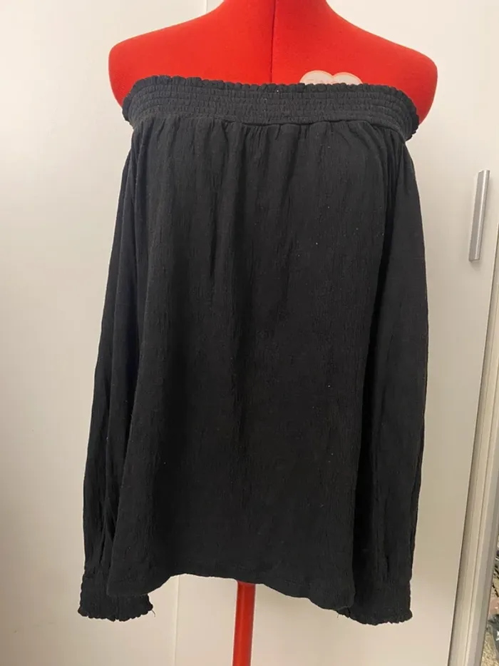 Blouse noire manches longues col bardot noeud Pimkie