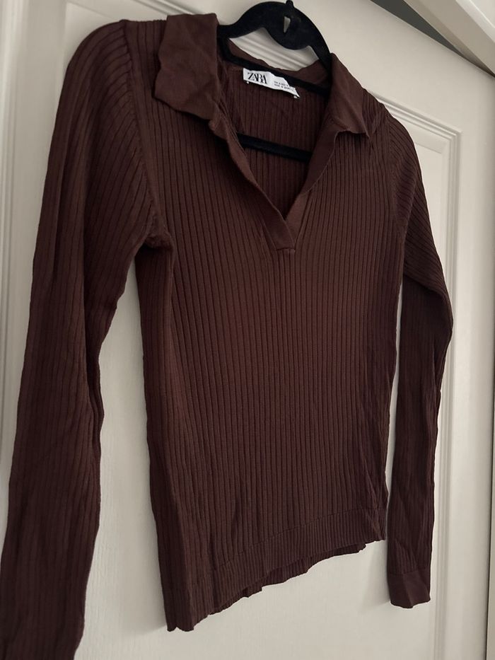 Top côtelé Zara marron col polo - photo numéro 3
