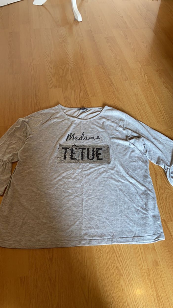 Teeshirt manches 3/4 taille xl gris kiabi tetue