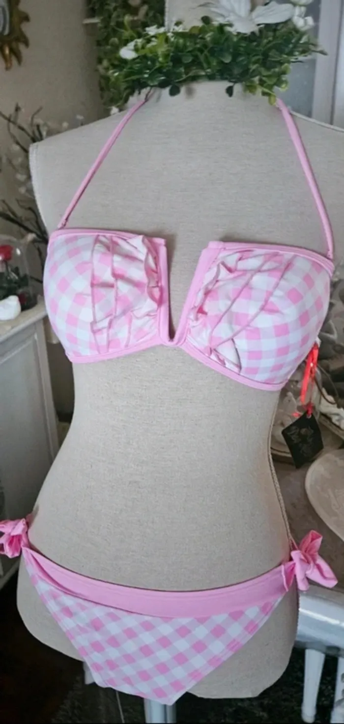 Maillot de bain 2 pièces vichy rose et blanc Dag Adom Taille L Neuf - photo numéro 2