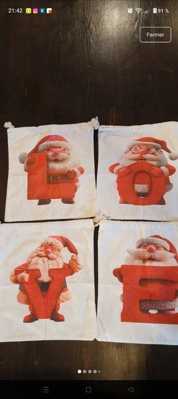Lot de 4 sacs tissu Noël LOVE 37 x 32 cm tote bag déco cadeau rangement
