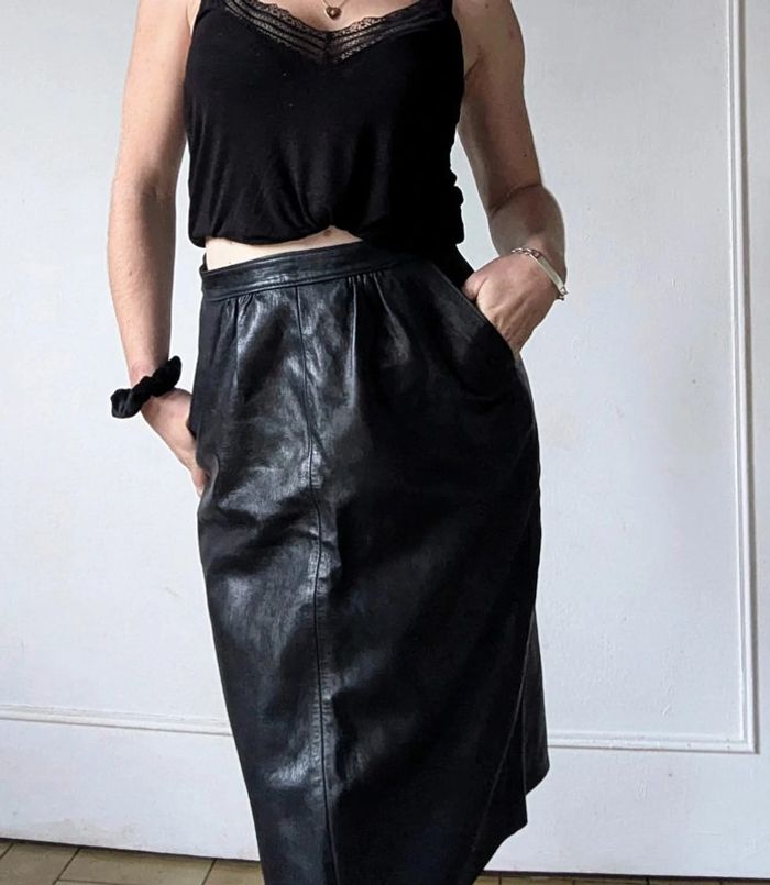 💎 jupe midi en cuir noir sexy chic rockabilly créateur français vintage GMG rare authentique t XS 34 - photo numéro 5